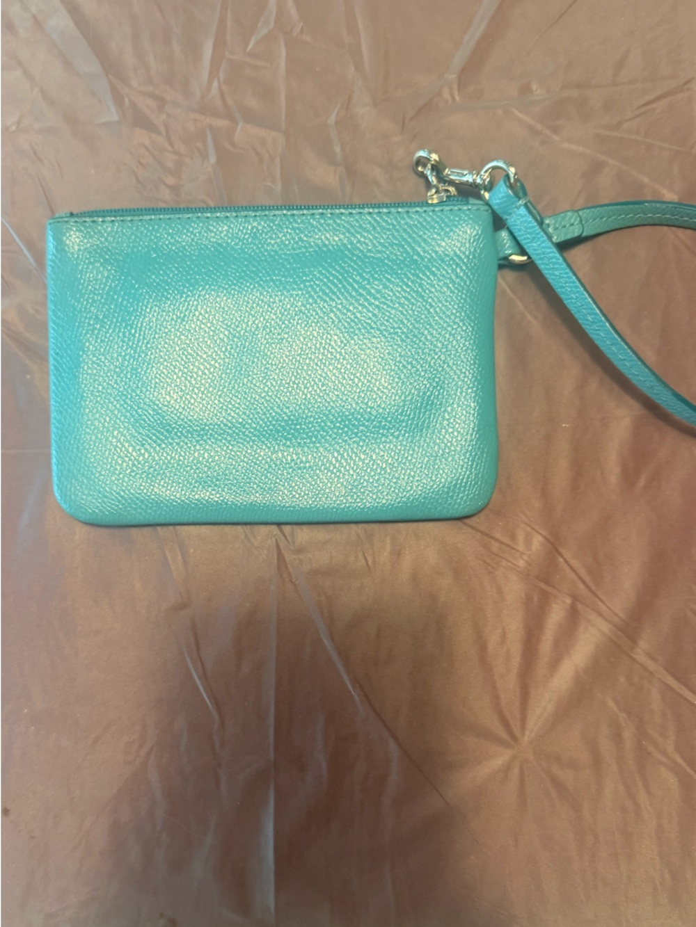 Coach Turquoise Pebbled Leather Wristlet Pouch Zip Top Gold Logo - Picture 3 of 7